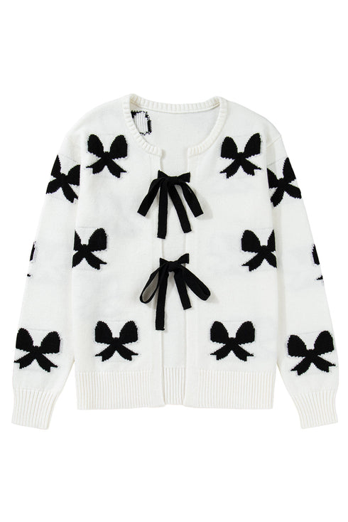 Ribbon Tie Front Bow Jacquard Knit Cardigan